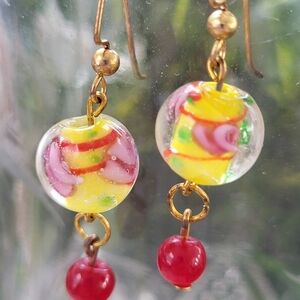 Handcrafted Glass Beads In Reds,Pinks,Yellow Of One Of A Kind Earrings